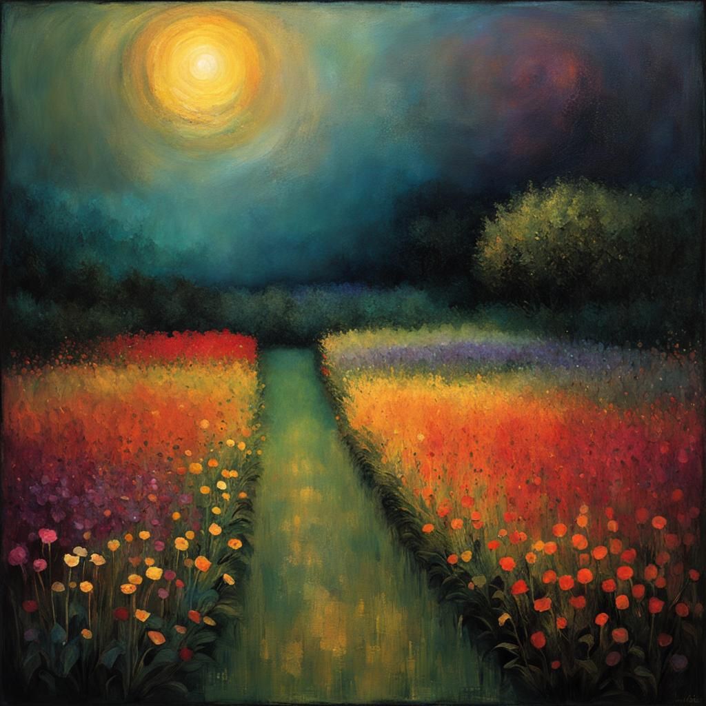 Enchanted Garden During Dark Storm in Glowing Colors