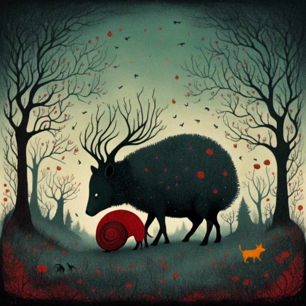 Surreal Dreamscape with Wolves and Sheep