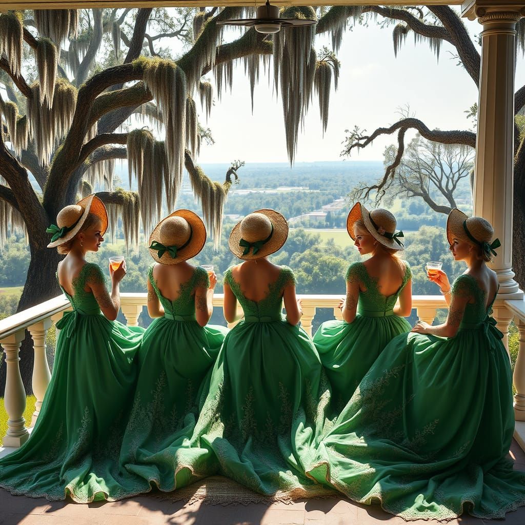 5 Southern Belles, all looking like Lady Gaga, enjoying their tea