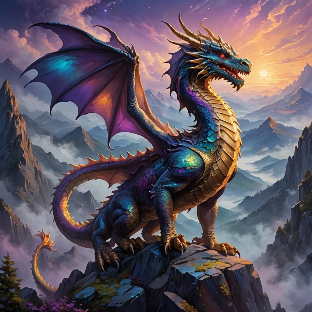 Moonwatcher Dragon on Misty Peak: Fantasy Oil Painting