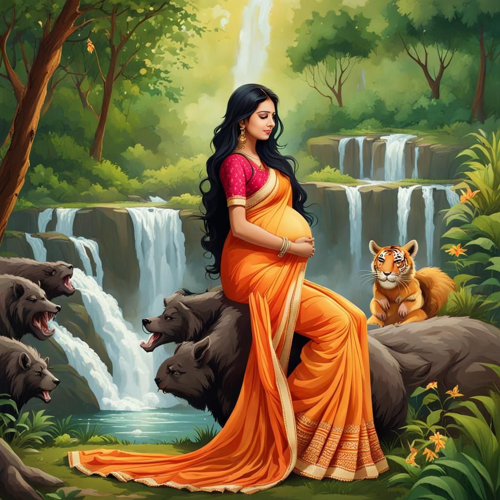 Pregnant Teen with Beasts in Garden Waterfall