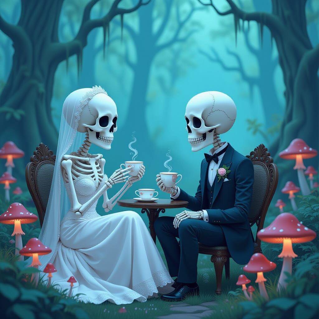 Whimsical Skeletons Enjoy Tea in Haunted Forest