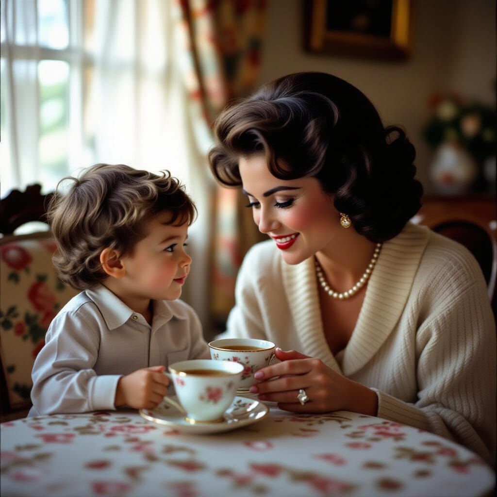 Elizabeth Taylor and Boy Enjoying Tea