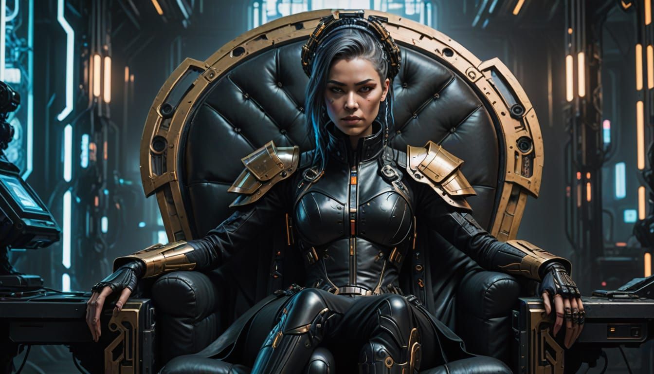 Cyberpunk Aristocrat Queen Throned in Neon Darkness