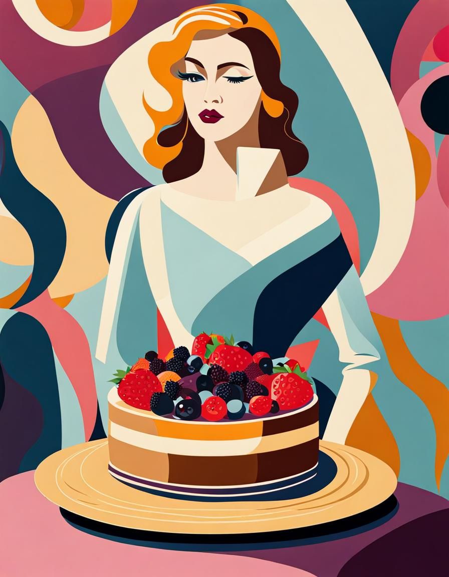 Woman with Pie and Coffee in Pastel Colors