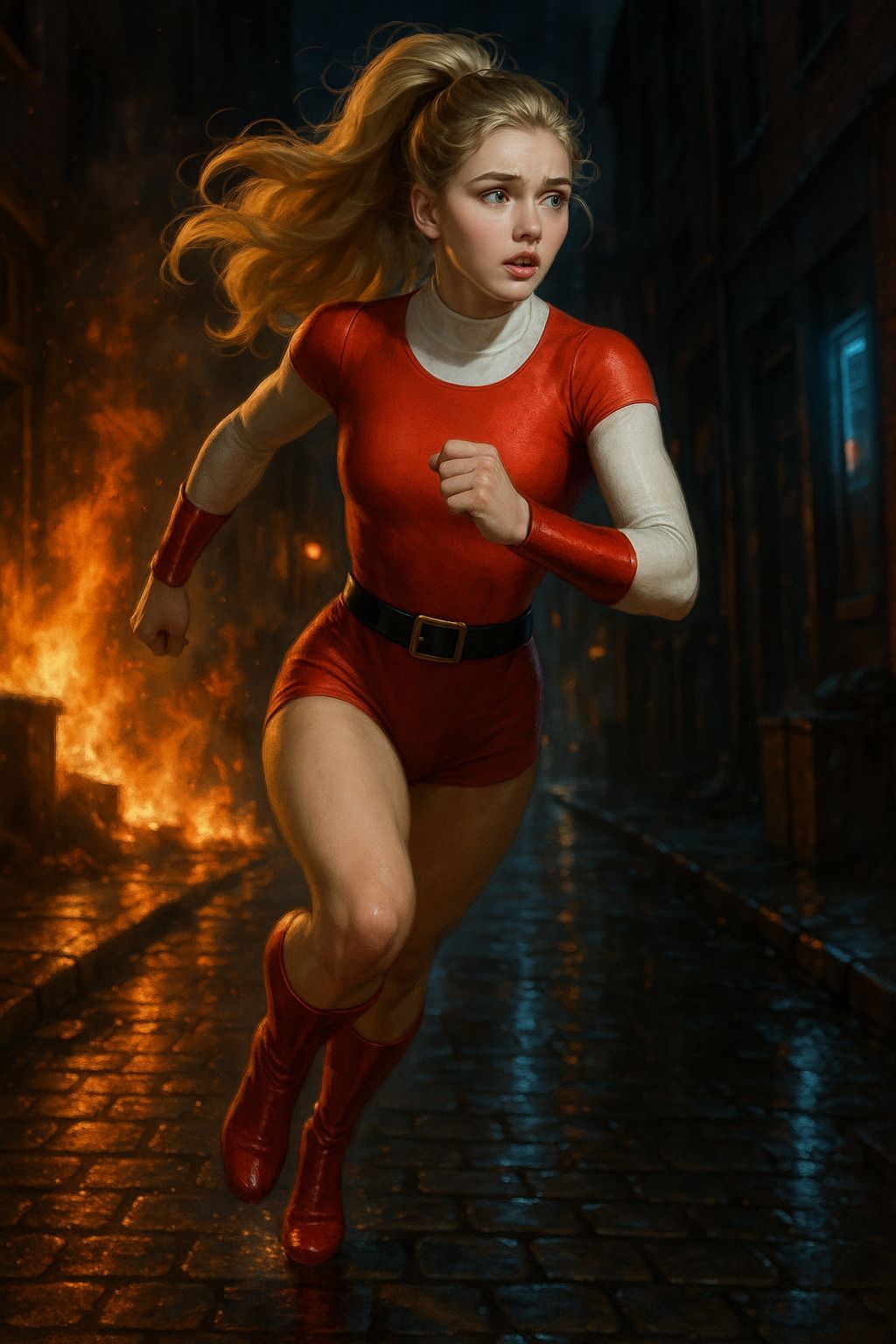Beautiful Heroine Running Through Burning City