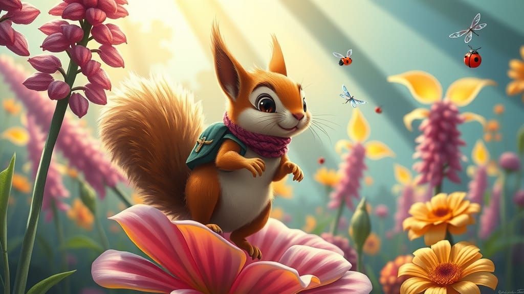 Whimsical Garden Squirrel in Vibrant Blooms