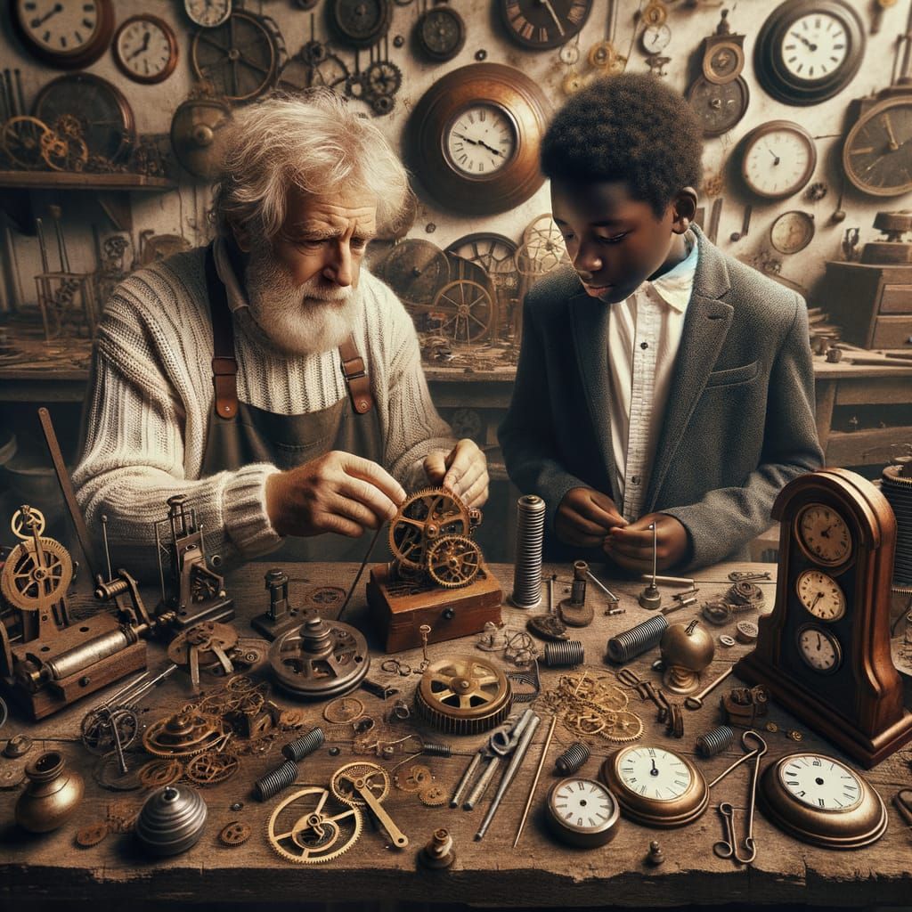 Clockmaker Teaching Apprentice the Art of Clockmaking
