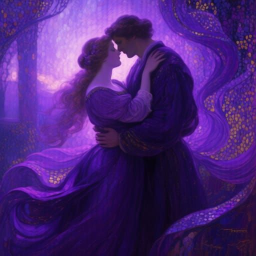 Romantic Couple Embracing in Deep Purple Hues