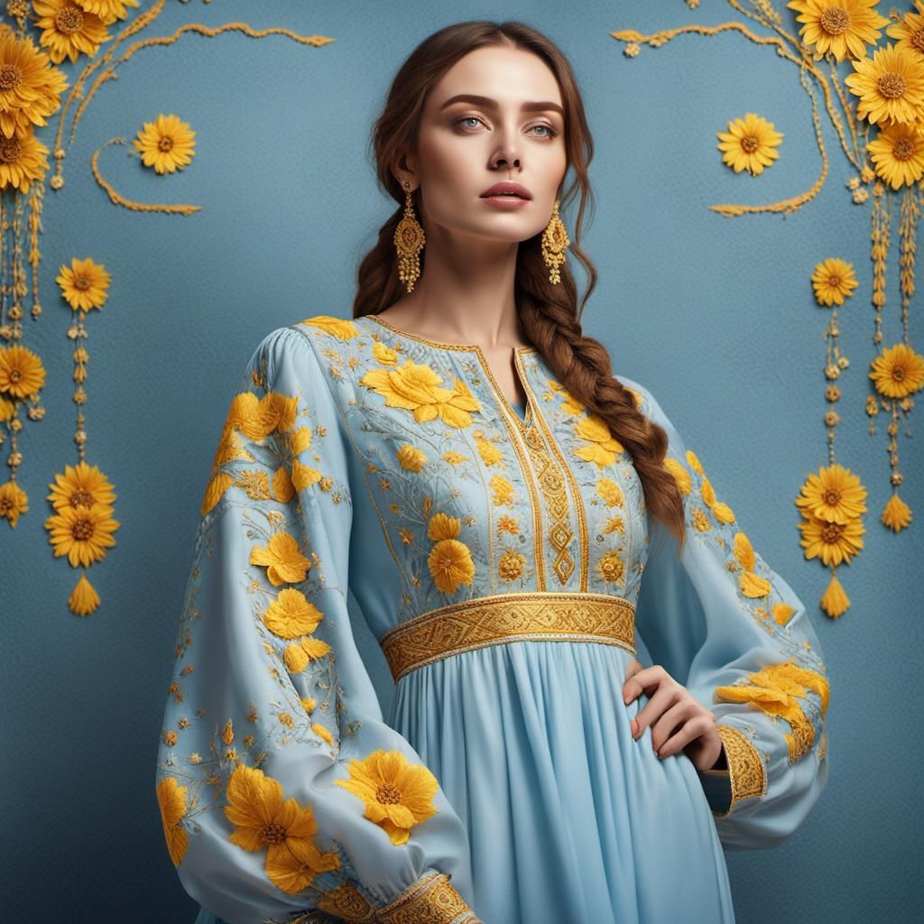Dress design for beautiful women in Ukrainian style of traditional embroidery. Model 2.