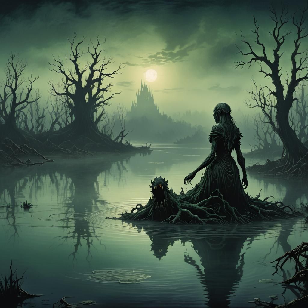 Eerie Swamp Monster in Doré-Inspired Illustration