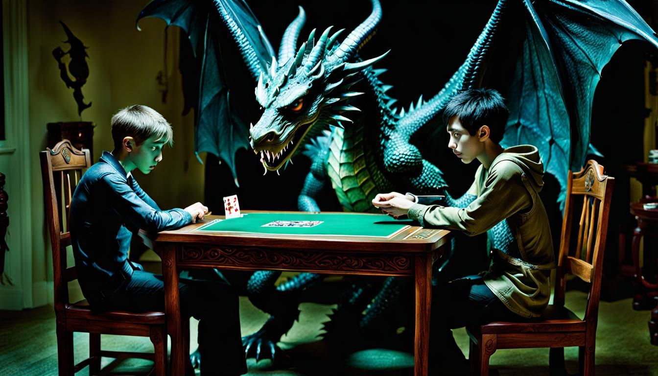 Dragon Plays Poker With Boy at Night