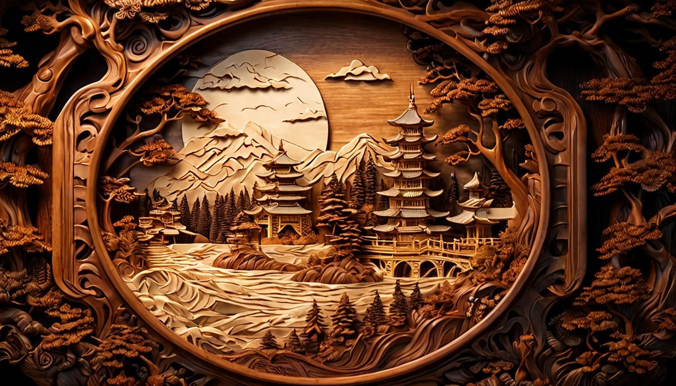 Detailed Woodcarving of Japanese Fantasy Landscape