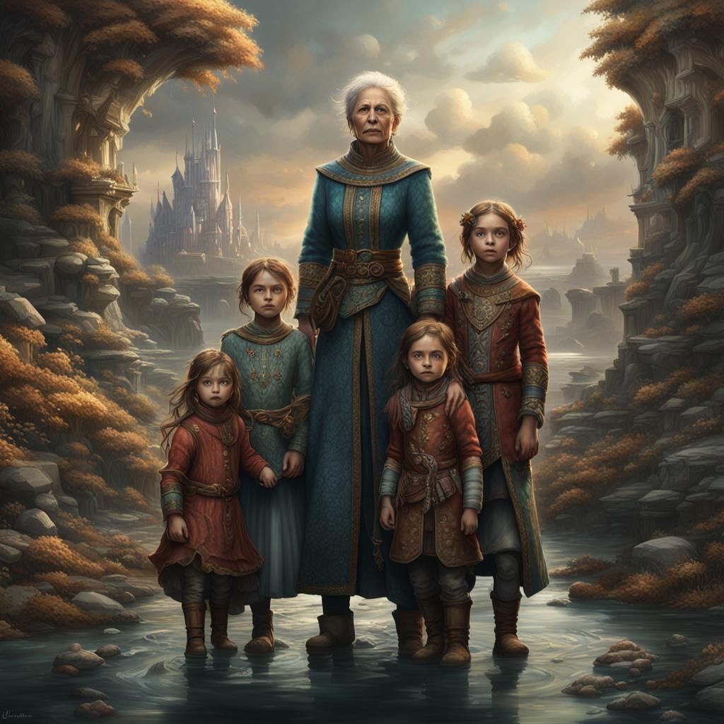 Elderly Woman with Children: Detailed Matte Painting