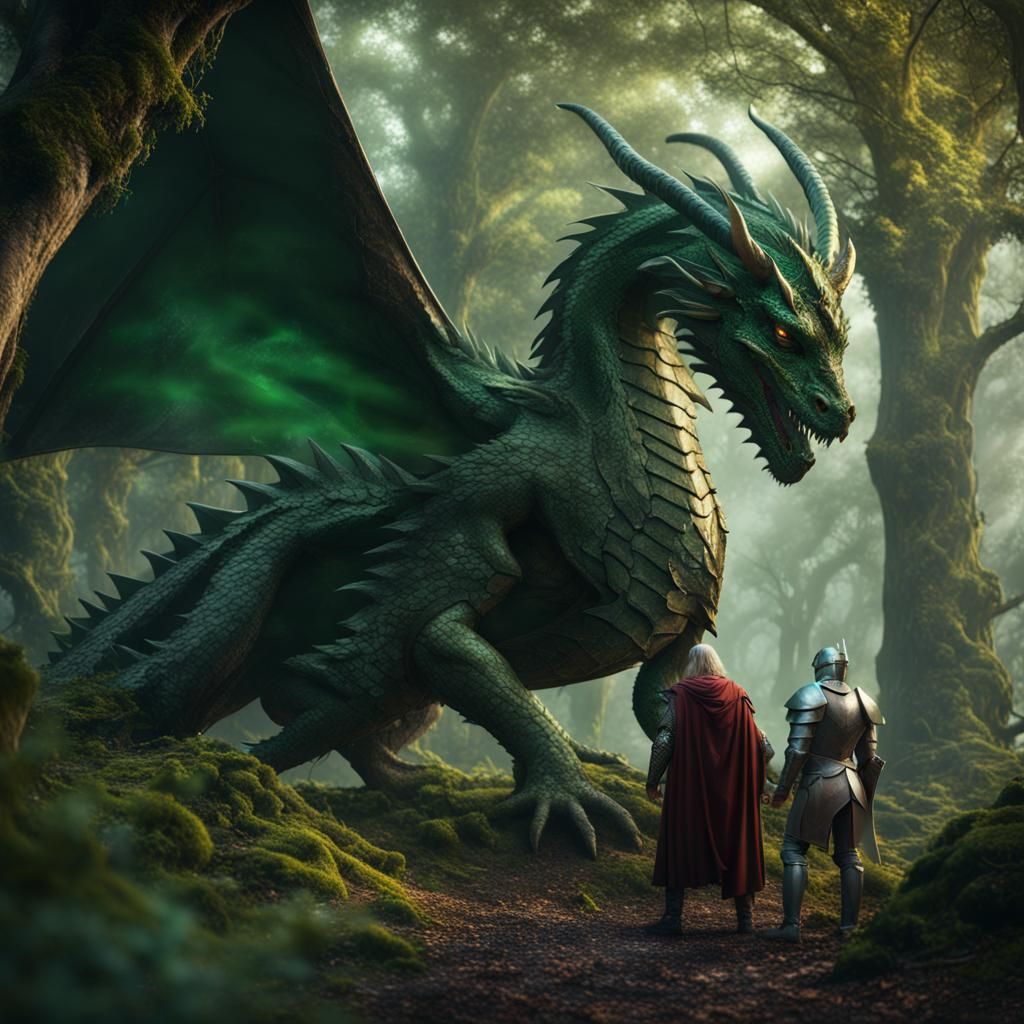 Green Dragon Confronts Knight: Fantasy Concept Art