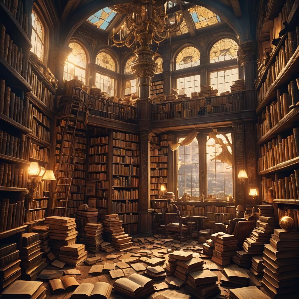 Mystical Bookshop with Golden Light: Fantasy Concept Art