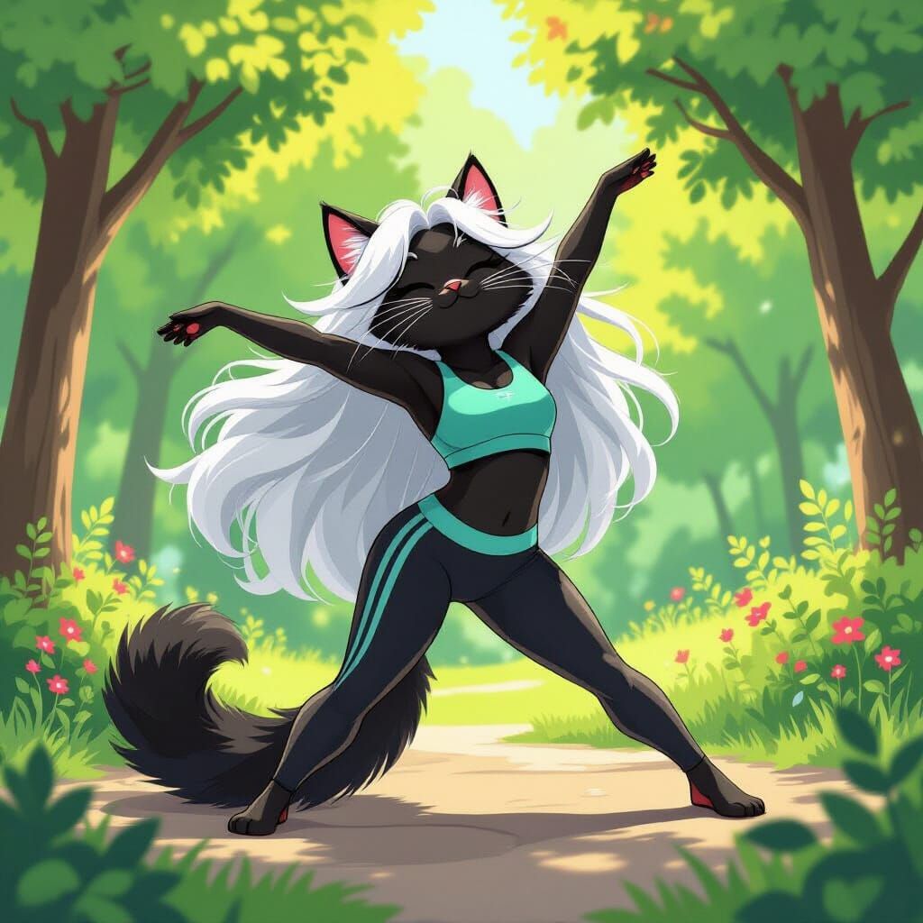 Furry Feline Stretching in Park, Whimsical Style