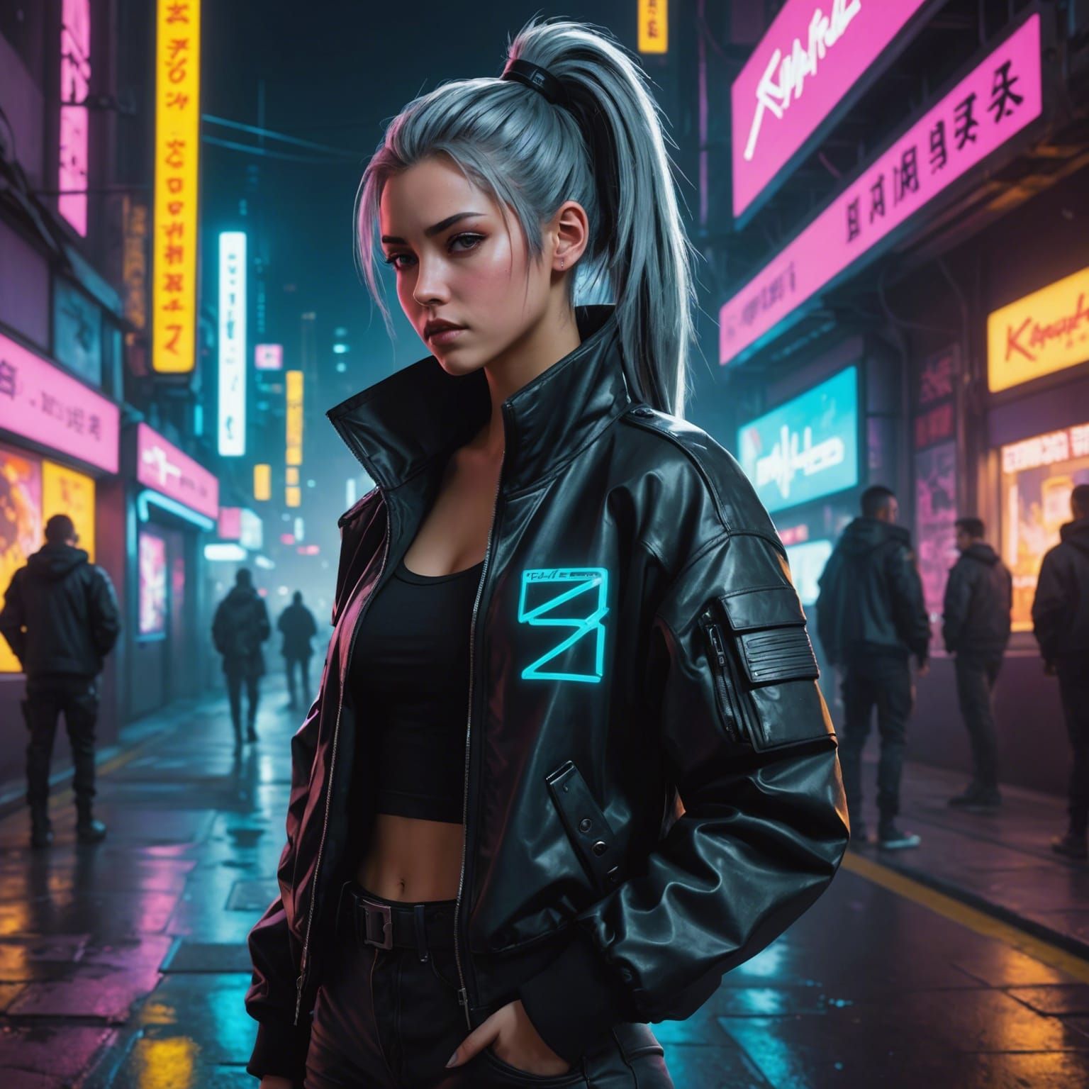 Anime girl, silver ponytail hair, streetwear jacket, dressed...