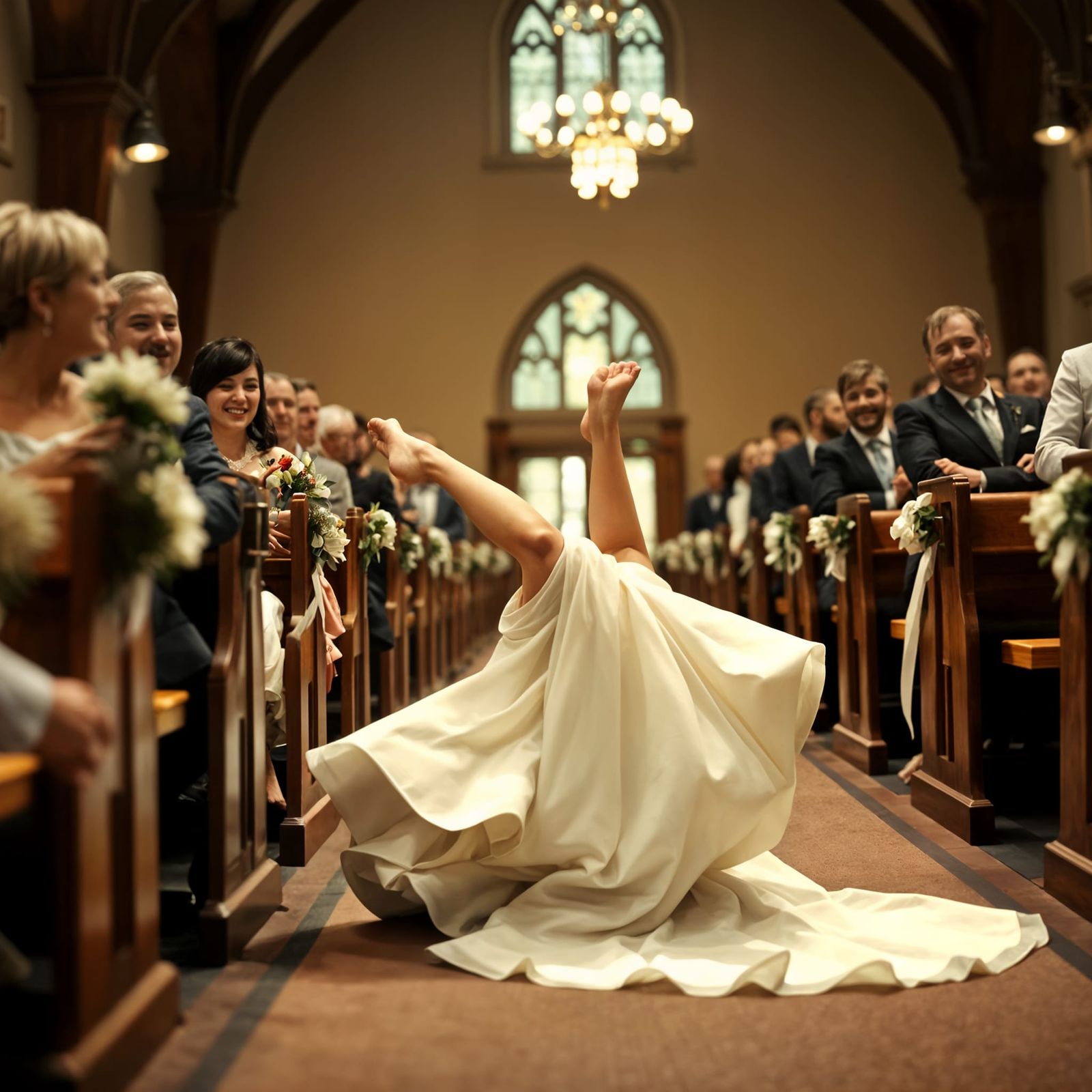 Bride Trips During Wedding Ceremony, Guests Laugh
