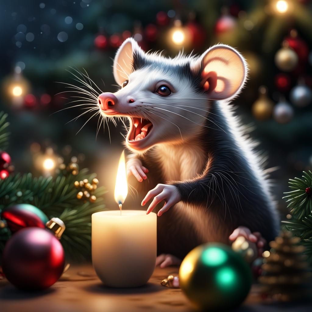 Festive Opossum Carols in Hyperrealistic Christmas Scene