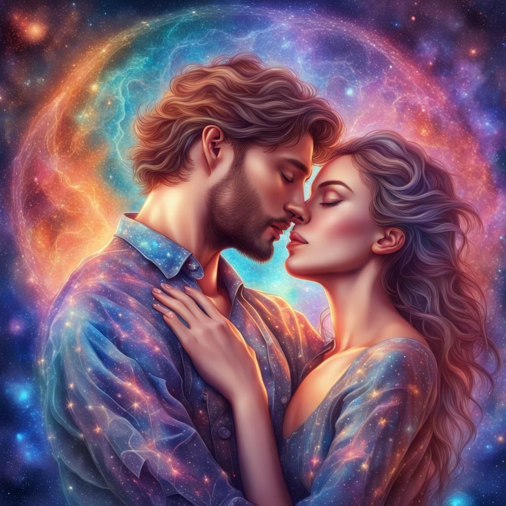 Cosmic Lovers Embrace: Holographic Astral Illustration