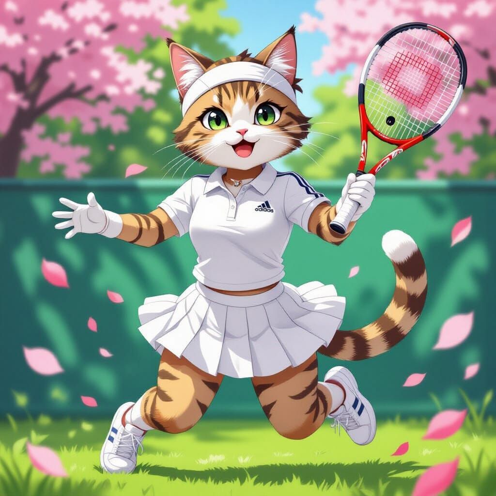 Cat Plays Badminton in Anime-Cartoon Style