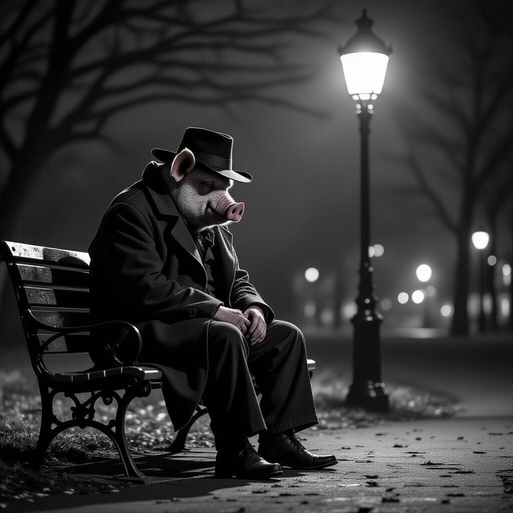 Melancholic Pig-Man in Park: Black and White Photography