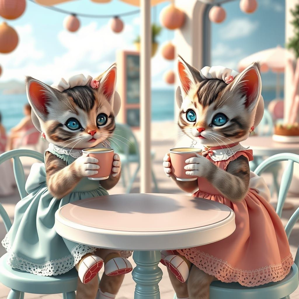 Kittens Sip Lattes in Shabby Chic Anime Style
