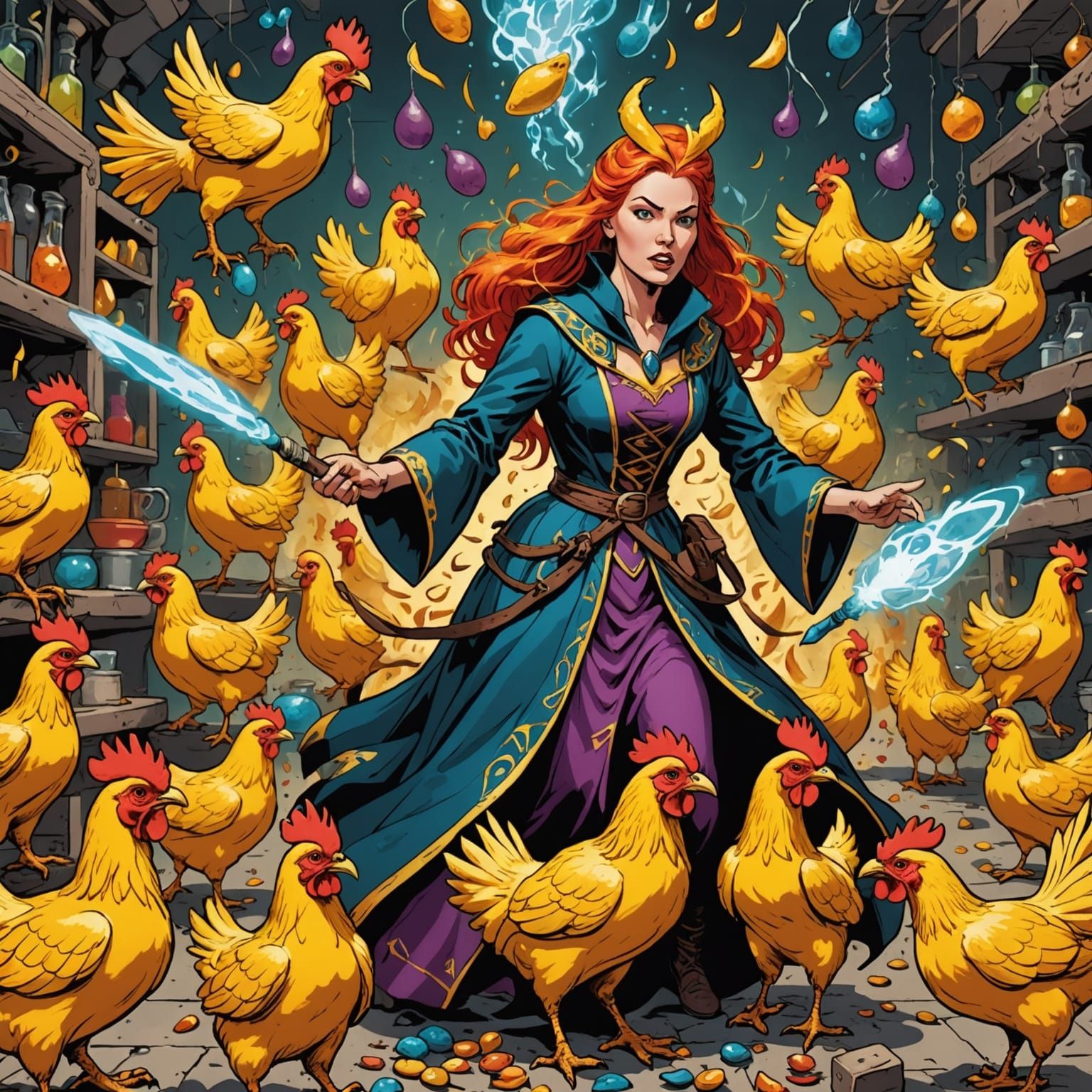 Sorceress's Rubber Chicken Mishap in Comic Style