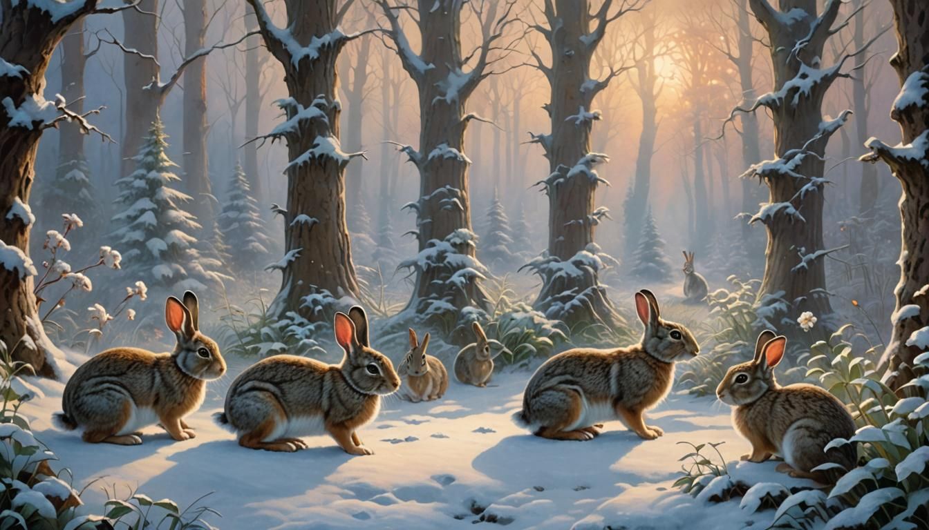 Art Deco Rabbits in Enchanted Forest at Dawn