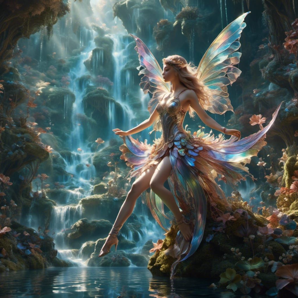 Iridescent Winged Fairy Dancer by Waterfall