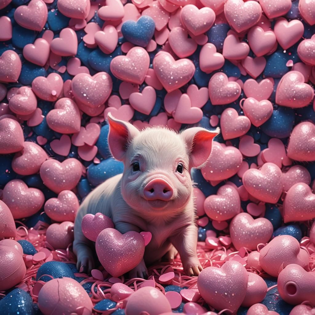Adorable Baby Piglet Surrounded by Pink Hearts
