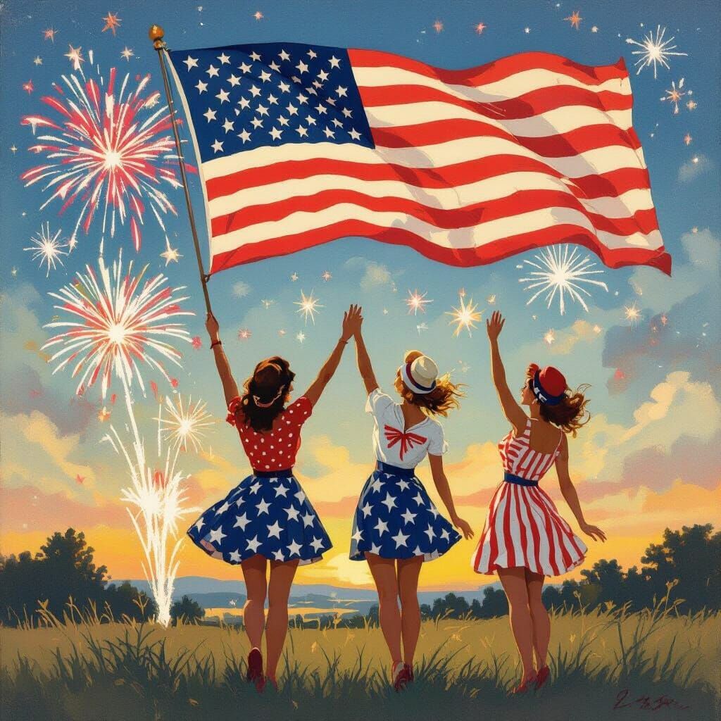 Patriotic Women Celebrate Under Fireworks, Americana Style