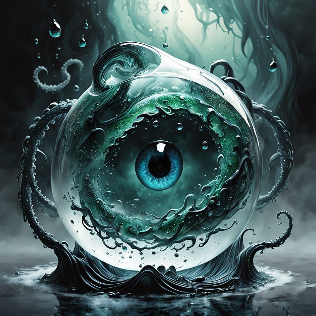 Eerie Glass Vessel in Turbulent Black Depths