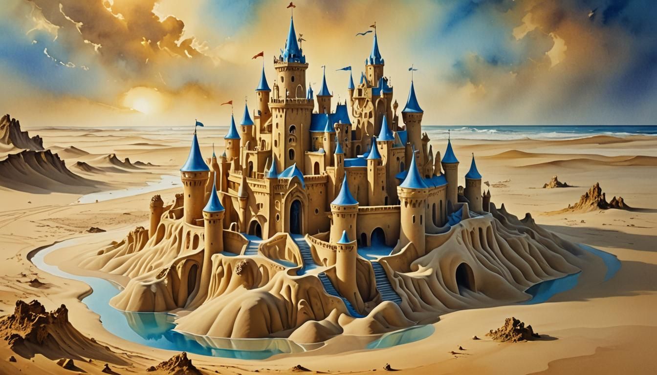 Dreamlike Sand Castle in Surrealist Watercolor Style