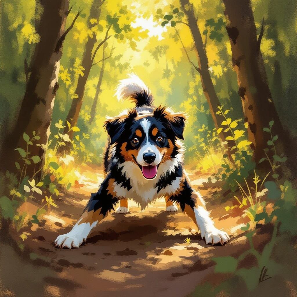 Playful Person Mimics Dog in Sun-Dappled Forest