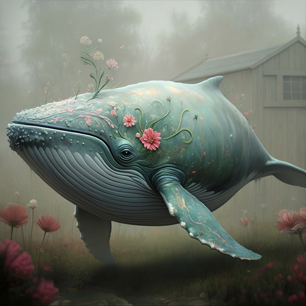 Ethereal Mystic Whale in Dreamlike Garden Setting