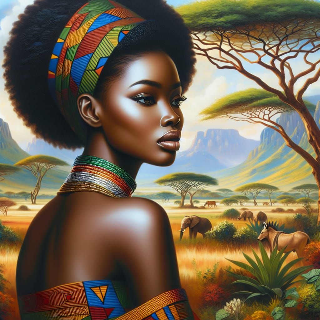 Elegant African Woman in a Wild Savannah Landscape