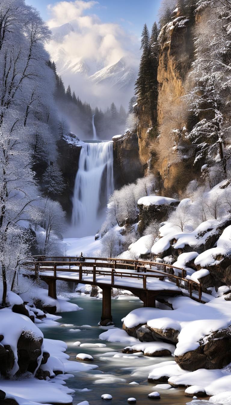 Winter Mountain Scene with River and Bridge