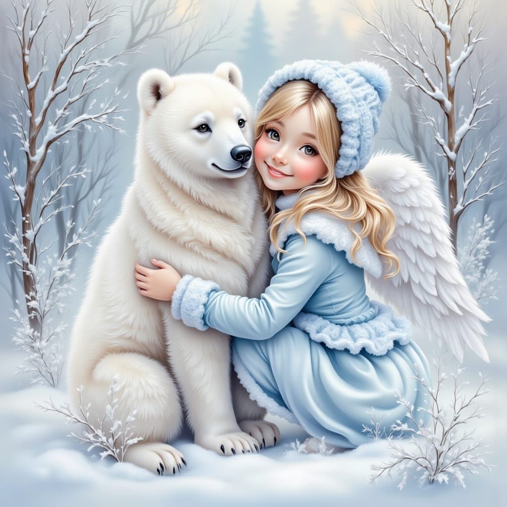 Cute Girl Hugs Polar Bear in Snowy Forest