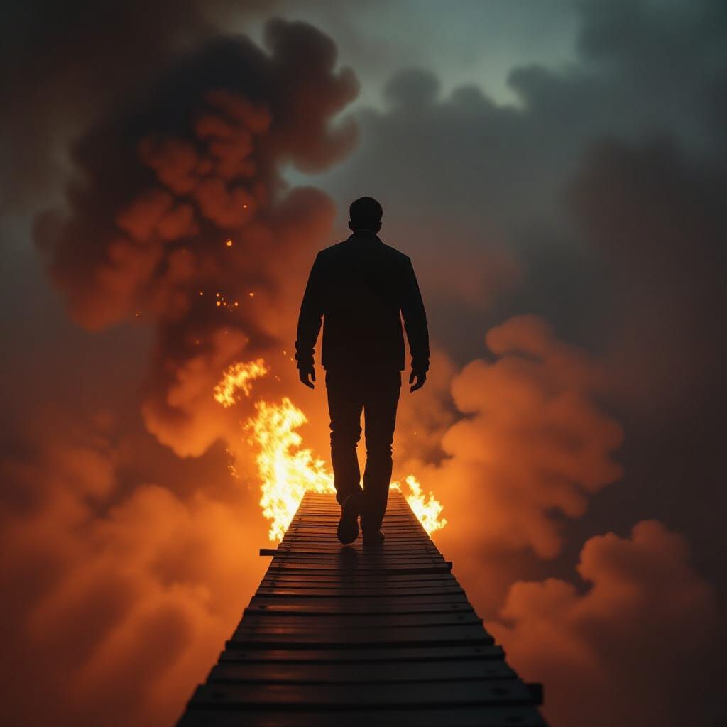 Dramatic High-Wire Walk Above Fire Pit