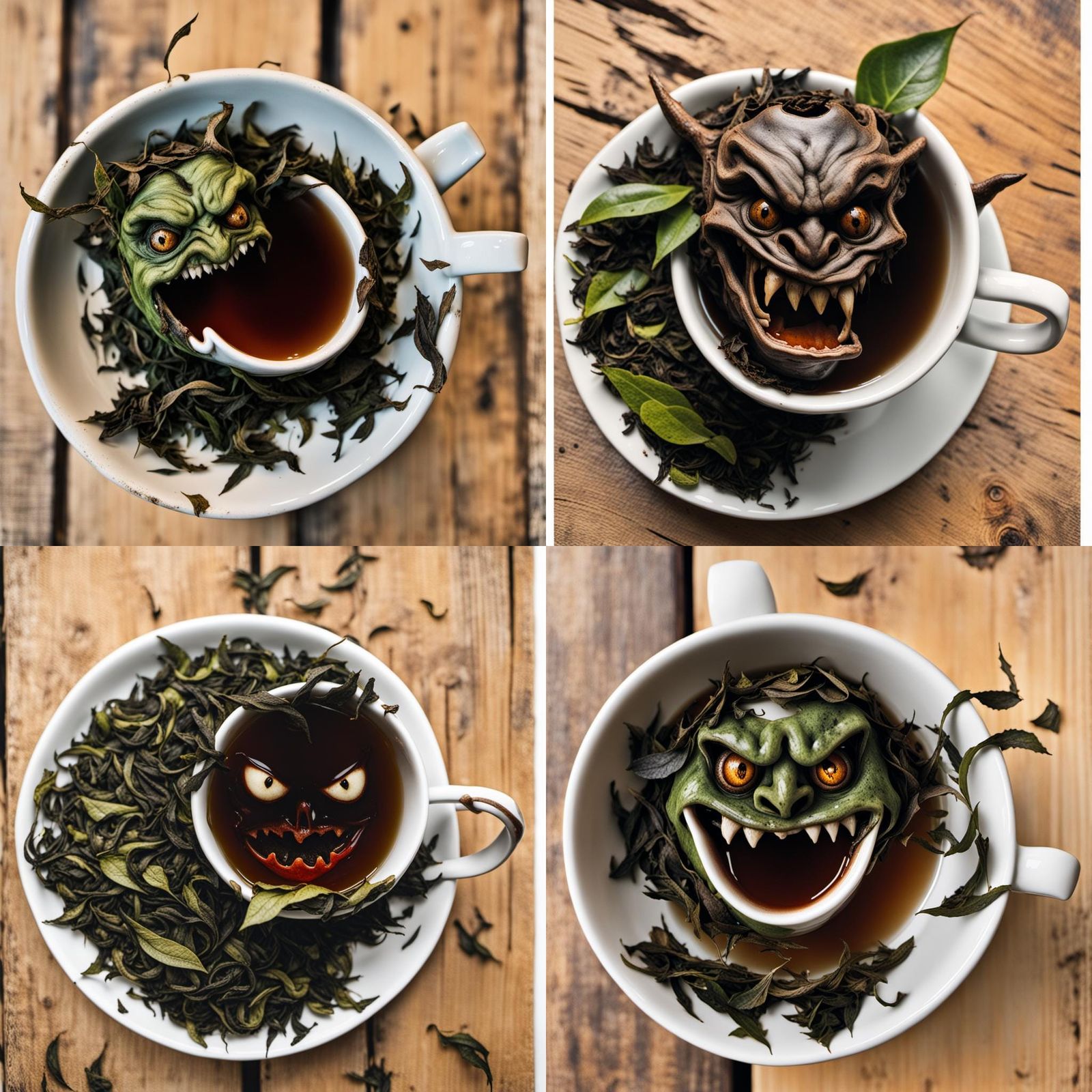 Menacing Tea Leaf Face in Dark Fantasy Setting