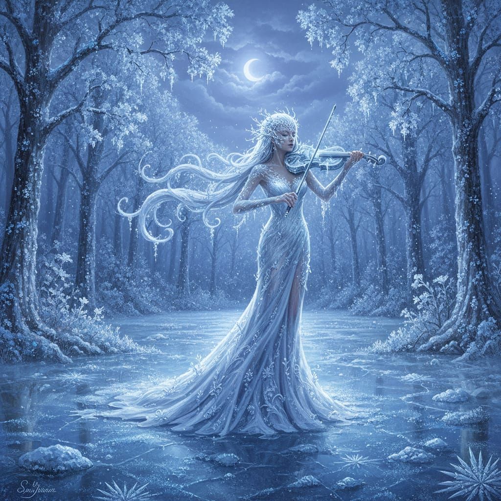 Ice-Covered Violinist in Ethereal Moonlight