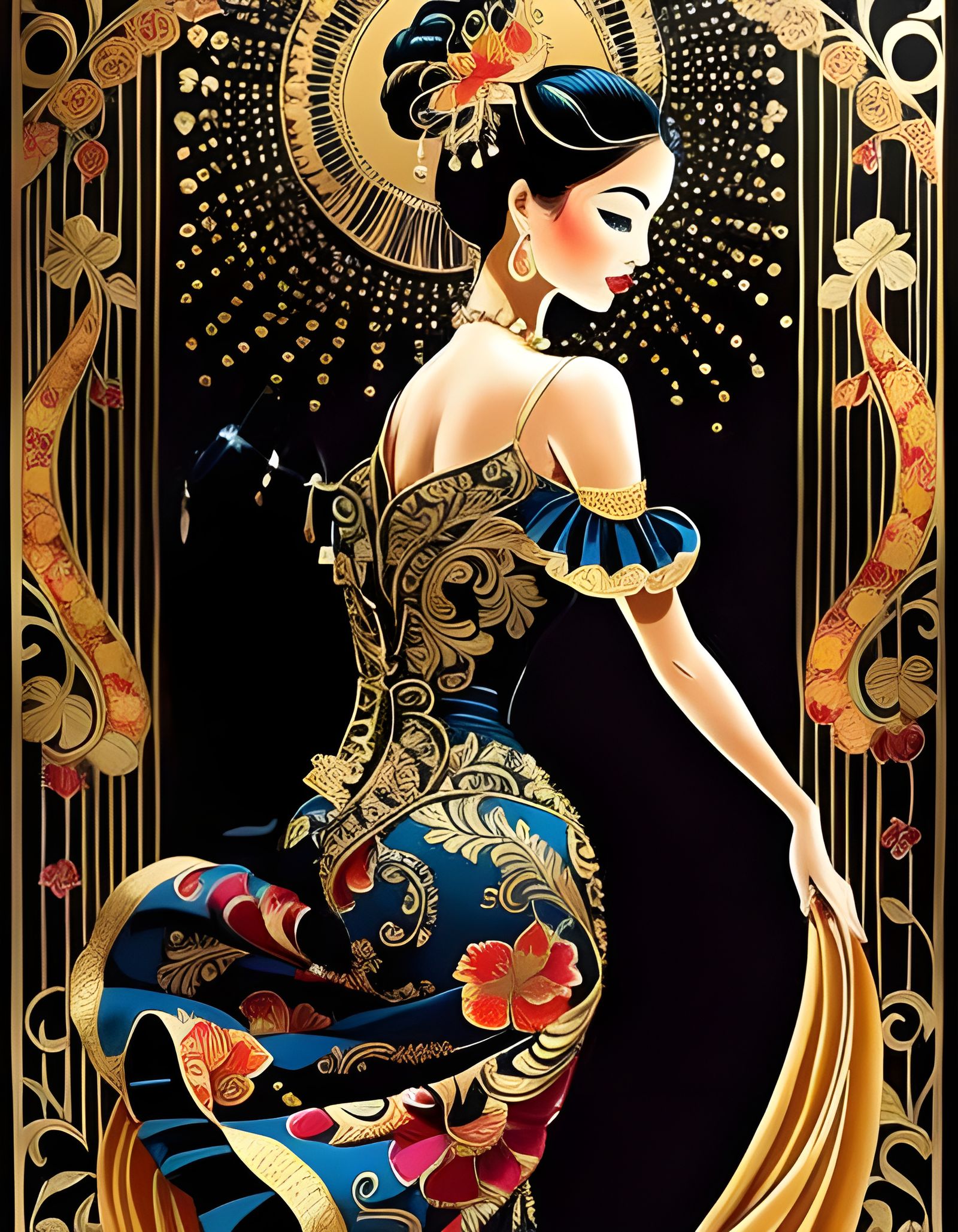 Flamenco Dancer in Batik Style With Gold Accents