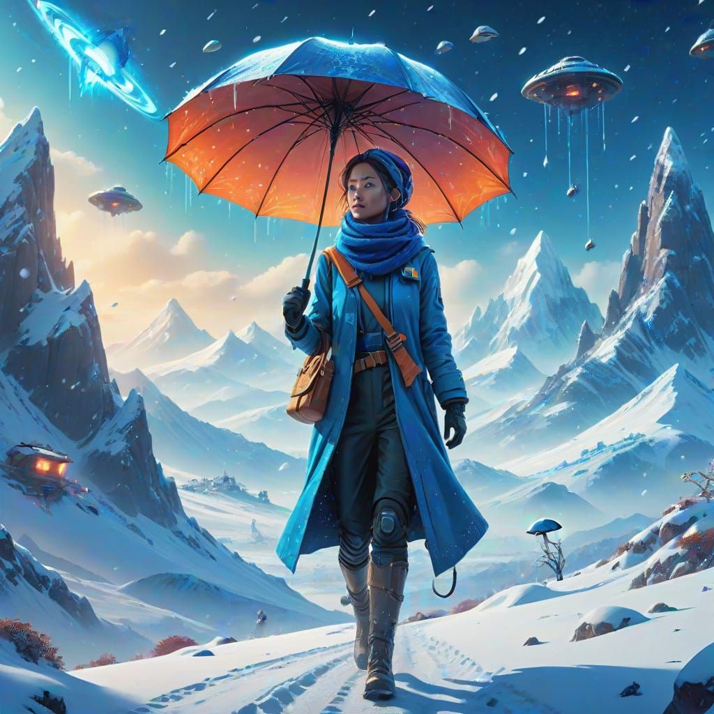 Space Ship Lands on Snowy Mountains with Blue Aliens and a W...
