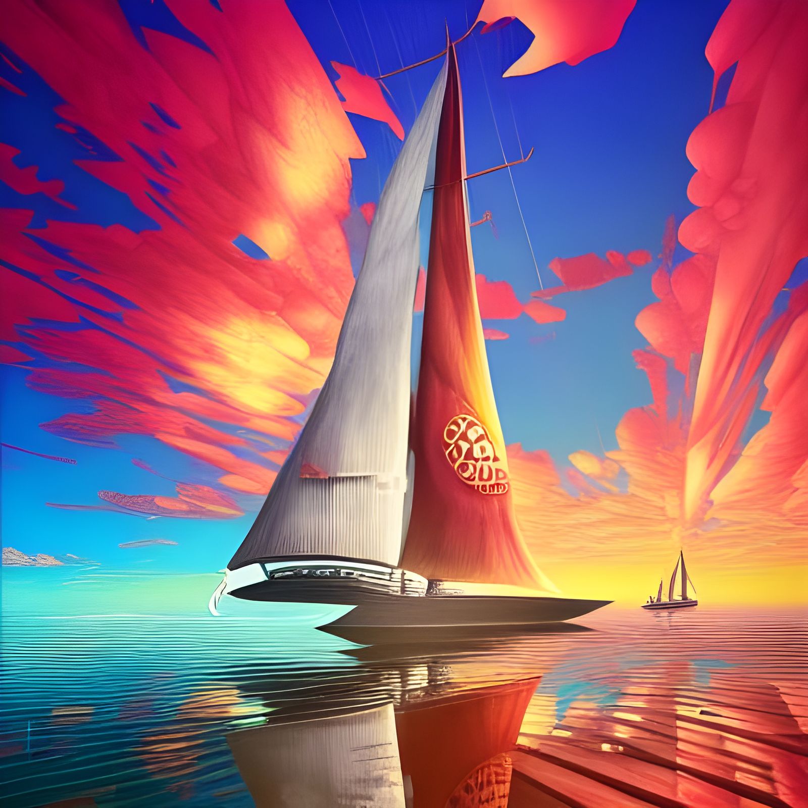 Vibrant Sailboat in Surreal Ghibli Style