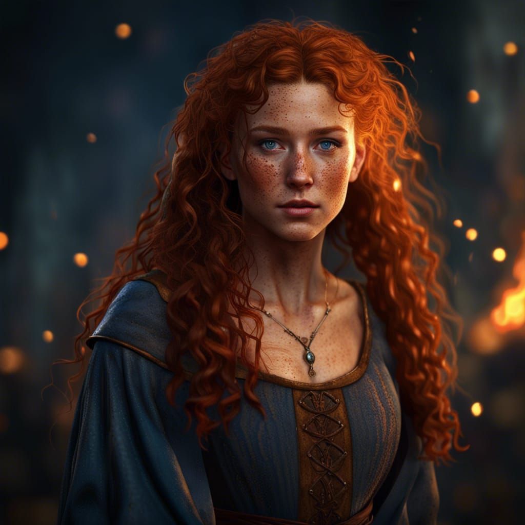 Fiery Ginger Woman Wields Magic in Fantasy Art
