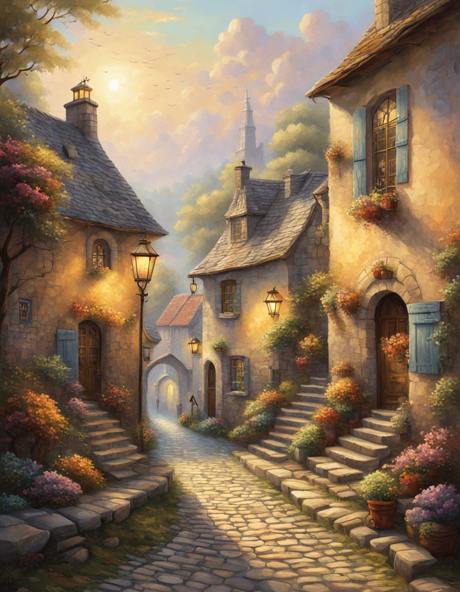 Ethereal Town in Golden Light: Fantasy Oil Painting