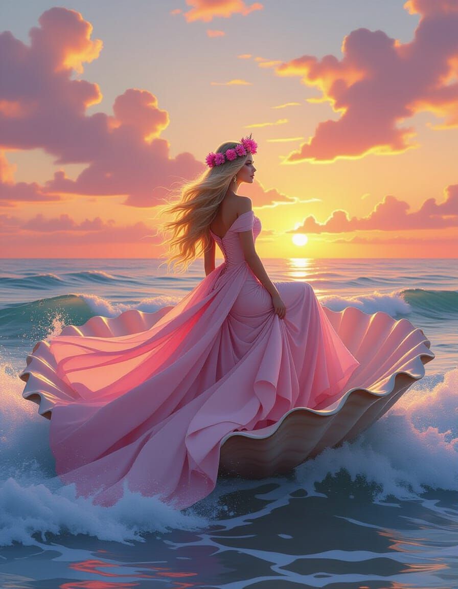 Regal Woman on Seashell at Sunset