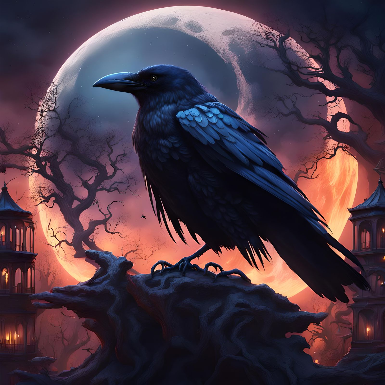 Night Witch and Moon Crow Fantasy Art